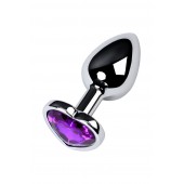 Серебристая коническая анальная пробка с фиолетовым кристаллом-сердечком - 7 см. - ToyFa - купить с доставкой в Новочебоксарске