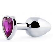 Серебристая анальная пробка с фиолетовым кристаллом-сердечком - 8 см. - Anal Jewelry Plug - купить с доставкой в Новочебоксарске