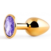 Золотистая анальная пробка с фиолетовым стразом - 7,2 см. - Anal Jewelry Plug - купить с доставкой в Новочебоксарске