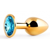 Золотистая анальная пробка с голубым стразом - 7,2 см. - Anal Jewelry Plug - купить с доставкой в Новочебоксарске