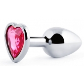 Серебристая анальная пробка с розовым кристаллом-сердечком - 7 см. - Anal Jewelry Plug - купить с доставкой в Новочебоксарске