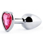 Серебристая анальная пробка с малиновым кристаллом-сердечком - 7 см. - Anal Jewelry Plug - купить с доставкой в Новочебоксарске
