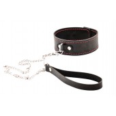 Черный широкий ошейник с красной строчкой и поводком - Crazy Handmade - купить с доставкой в Новочебоксарске