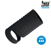 Черная открытая насадка на пенис с кольцом для мошонки XXL-size - 9,4 см. - Sex Expert - в Новочебоксарске купить с доставкой