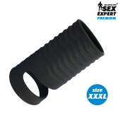 Черная открытая насадка на пенис с кольцом для мошонки XXXL-size - 9,9 см. - Sex Expert - в Новочебоксарске купить с доставкой