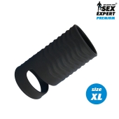 Черная открытая насадка на пенис с кольцом для мошонки XL-size - 8,9 см. - Sex Expert - в Новочебоксарске купить с доставкой