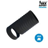 Черная открытая насадка на пенис с кольцом для мошонки size M - 7,9 см. - Sex Expert - в Новочебоксарске купить с доставкой