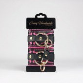 Черные кожаные наручники с розовой строчкой - Crazy Handmade - купить с доставкой в Новочебоксарске