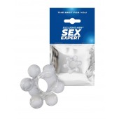 Прозрачное эластичное эрекционное кольцо с 6 шариками - Sex Expert - в Новочебоксарске купить с доставкой