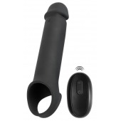 Черная вибронасадка для пениса с хомутом для мошонки и пультом ДУ Remote Controlled Penis Extension - Orion - в Новочебоксарске купить с доставкой