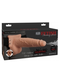 Телесный полый страпон с имитацией эякуляции 7.5  Hollow Squirting Strap-On with Balls Flesh - 21,6 см. - Pipedream - купить с доставкой в Новочебоксарске