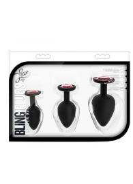 Набор черных анальных пробок с красным кристаллом-сердечком Bling Plugs Training Kit - Blush Novelties - купить с доставкой в Новочебоксарске