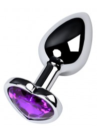 Серебристая коническая анальная пробка с фиолетовым кристаллом-сердечком - 7 см. - ToyFa - купить с доставкой в Новочебоксарске