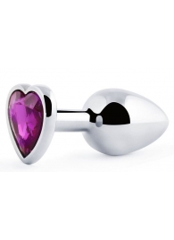 Серебристая анальная пробка с фиолетовым кристаллом-сердечком - 8 см. - Anal Jewelry Plug - купить с доставкой в Новочебоксарске