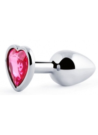 Серебристая анальная пробка с розовым кристаллом-сердечком - 7 см. - Anal Jewelry Plug - купить с доставкой в Новочебоксарске