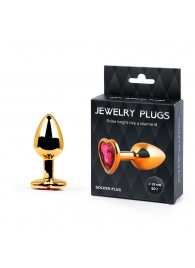 Золотистая анальная пробка с малиновым кристаллом-сердечком - 7 см. - Anal Jewelry Plug - купить с доставкой в Новочебоксарске