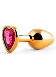 Золотистая анальная пробка с малиновым кристаллом-сердечком - 7 см. - Anal Jewelry Plug - купить с доставкой в Новочебоксарске