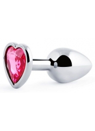 Серебристая анальная пробка с малиновым кристаллом-сердечком - 7 см. - Anal Jewelry Plug - купить с доставкой в Новочебоксарске