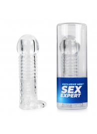 Прозрачная рельефная насадка-реалистик с петлей для мошонки - 13,5 см. - Sex Expert - в Новочебоксарске купить с доставкой