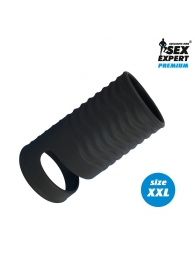 Черная открытая насадка на пенис с кольцом для мошонки XXL-size - 9,4 см. - Sex Expert - в Новочебоксарске купить с доставкой