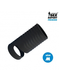 Черная открытая насадка на пенис с кольцом для мошонки size M - 7,9 см. - Sex Expert - в Новочебоксарске купить с доставкой