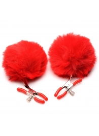 Красные зажимы на соски с помпонами Pom Pom - XR Brands - купить с доставкой в Новочебоксарске