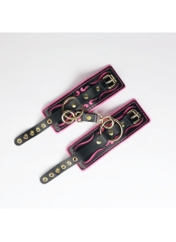 Черные кожаные наручники с розовой строчкой - Crazy Handmade - купить с доставкой в Новочебоксарске