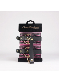 Черные кожаные оковы с розовой строчкой - Crazy Handmade - купить с доставкой в Новочебоксарске