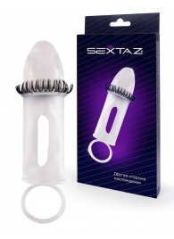 Закрытая насадка на пенис с подхватом мошонки и стимулирующими «ресничками» - Sextaz - в Новочебоксарске купить с доставкой
