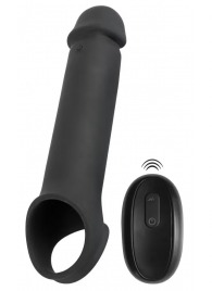 Черная вибронасадка для пениса с хомутом для мошонки и пультом ДУ Remote Controlled Penis Extension - Orion - в Новочебоксарске купить с доставкой