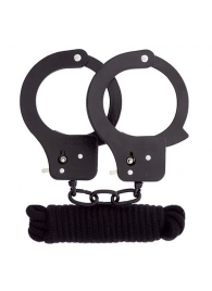 Чёрные наручники из листового металла в комплекте с веревкой BONDX METAL CUFFS LOVE ROPE SET - Dream Toys - купить с доставкой в Новочебоксарске