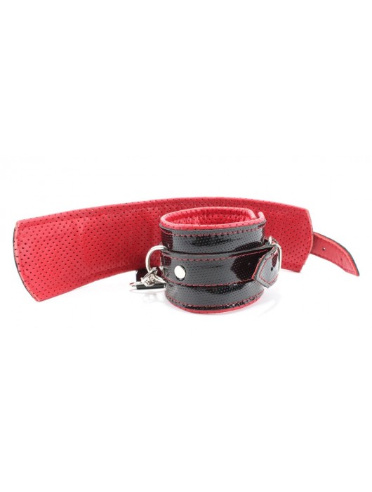 Лаковые чёрно-красные перфорированные наручники - БДСМ Арсенал - купить с доставкой в Новочебоксарске