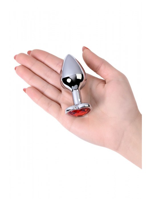Серебристая коническая анальная пробка с красным кристаллом-сердечком - 7 см. - ToyFa - купить с доставкой в Новочебоксарске