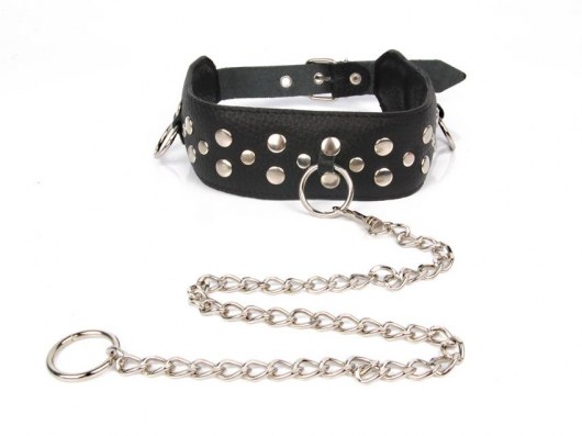 Черный ошейник с заклепками с металлическим поводком-цепочкой - Notabu - купить с доставкой в Новочебоксарске