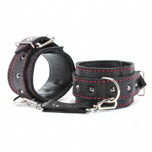 Черные наручники из натуральной кожи на карабинах - БДСМ Арсенал - купить с доставкой в Новочебоксарске