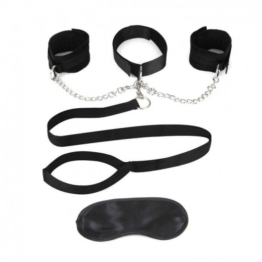 Чёрный ошейник с наручниками и поводком Collar Cuffs   Leash Set - Lux Fetish - купить с доставкой в Новочебоксарске
