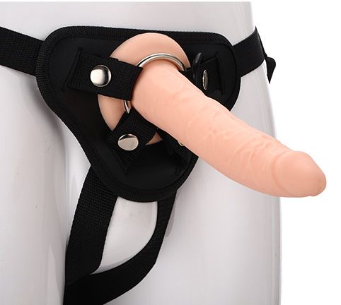 Телесный страпон на черных трусиках STRAP ON REAL DILDO - 20 см. - Dream Toys - купить с доставкой в Новочебоксарске