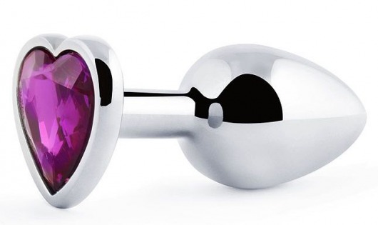 Серебристая анальная пробка с фиолетовым кристаллом-сердечком - 8 см. - Anal Jewelry Plug - купить с доставкой в Новочебоксарске