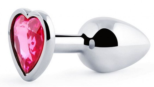 Серебристая анальная пробка с розовым кристаллом-сердечком - 7 см. - Anal Jewelry Plug - купить с доставкой в Новочебоксарске