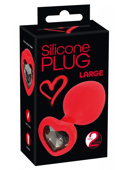 Красная силиконовая анальная пробка с черным стразом-сердечком - 9,3 см. - Orion - купить с доставкой в Новочебоксарске
