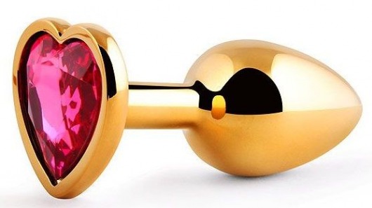 Золотистая анальная пробка с малиновым кристаллом-сердечком - 7 см. - Anal Jewelry Plug - купить с доставкой в Новочебоксарске