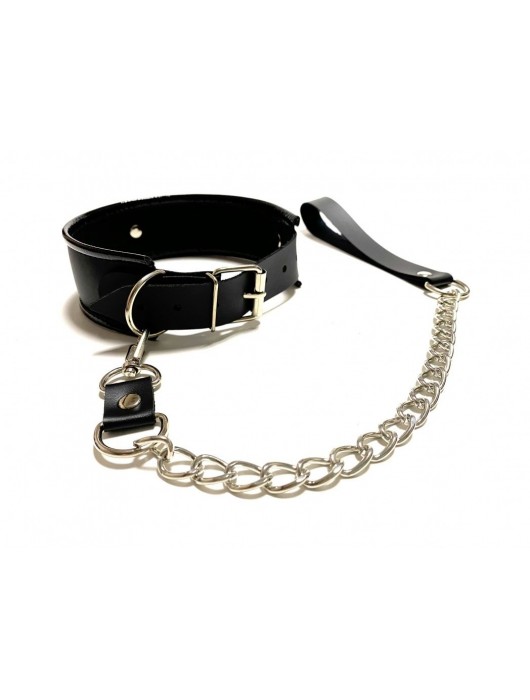 Черный ошейник с поводком из эко-кожи - БДСМ Арсенал - купить с доставкой в Новочебоксарске