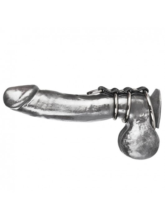 Хомут на пенис из трех металлических колец и кольца для привязи 3 RING GATES OF HELL - BlueLine - купить с доставкой в Новочебоксарске