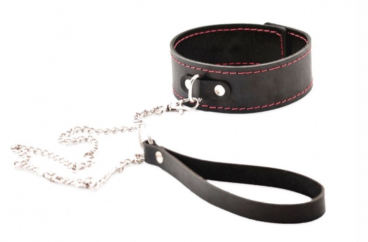 Черный широкий ошейник с красной строчкой и поводком - Crazy Handmade - купить с доставкой в Новочебоксарске