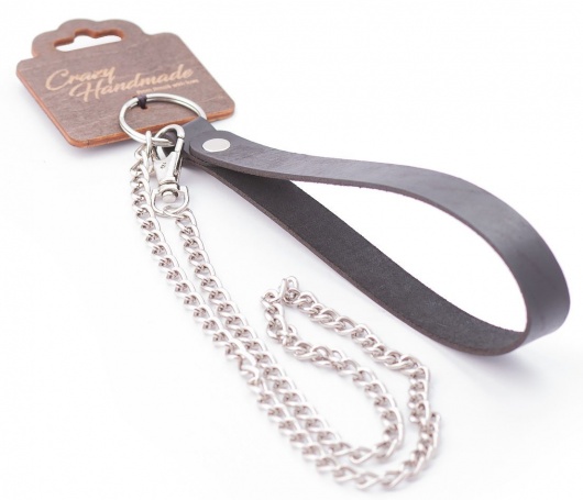 Серебристый металлический поводок с кожаной черной ручкой - 80 см. - Crazy Handmade - купить с доставкой в Новочебоксарске