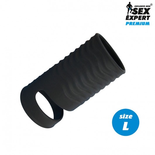 Черная открытая насадка на пенис с кольцом для мошонки L-size - 8,5 см. - Sex Expert - в Новочебоксарске купить с доставкой