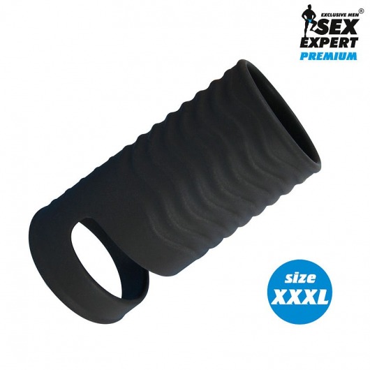 Черная открытая насадка на пенис с кольцом для мошонки XXXL-size - 9,9 см. - Sex Expert - в Новочебоксарске купить с доставкой