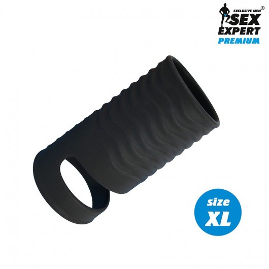Черная открытая насадка на пенис с кольцом для мошонки XL-size - 8,9 см. - Sex Expert - в Новочебоксарске купить с доставкой