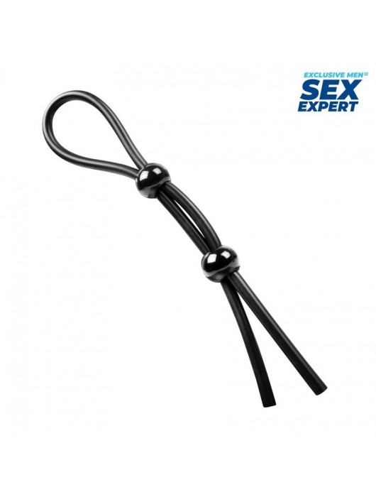 Черное силиконовое лассо с двумя шариками для утяжки - Sex Expert - в Новочебоксарске купить с доставкой