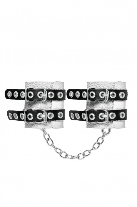 Бело-черные наручники с двумя ремешками и люверсами - Pecado - купить с доставкой в Новочебоксарске